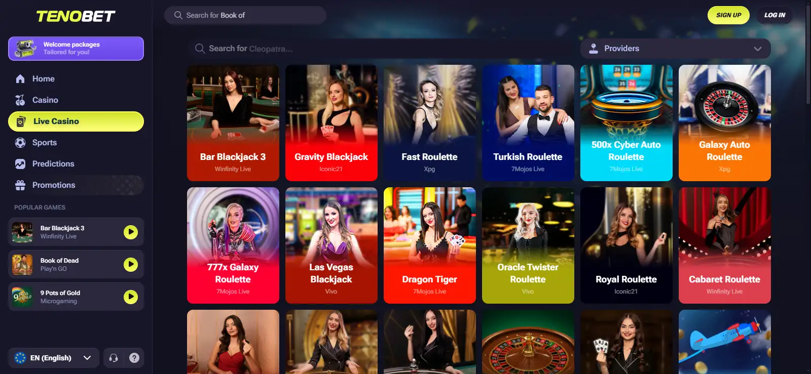TenoBet live casino lobby with dealer categories visible