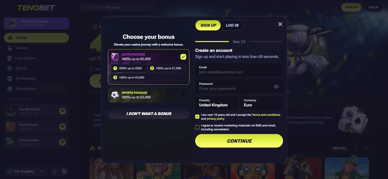 TenoBet Registration and KYC for UK Players