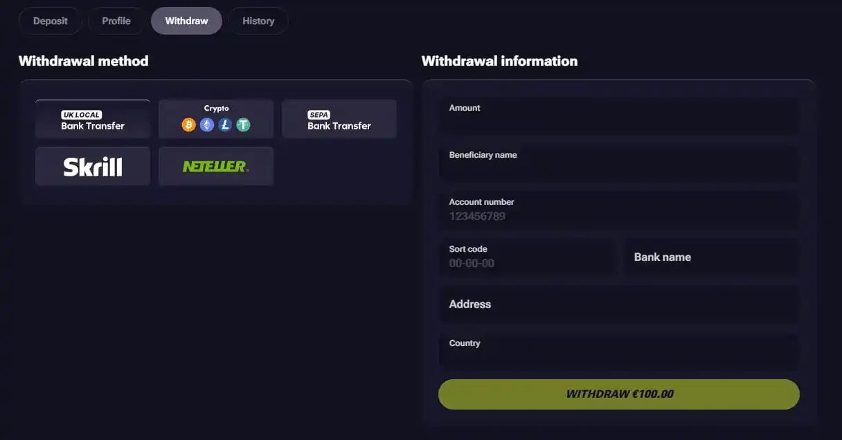 TenoBet withdrawal screen showing cashout method choices and request fields