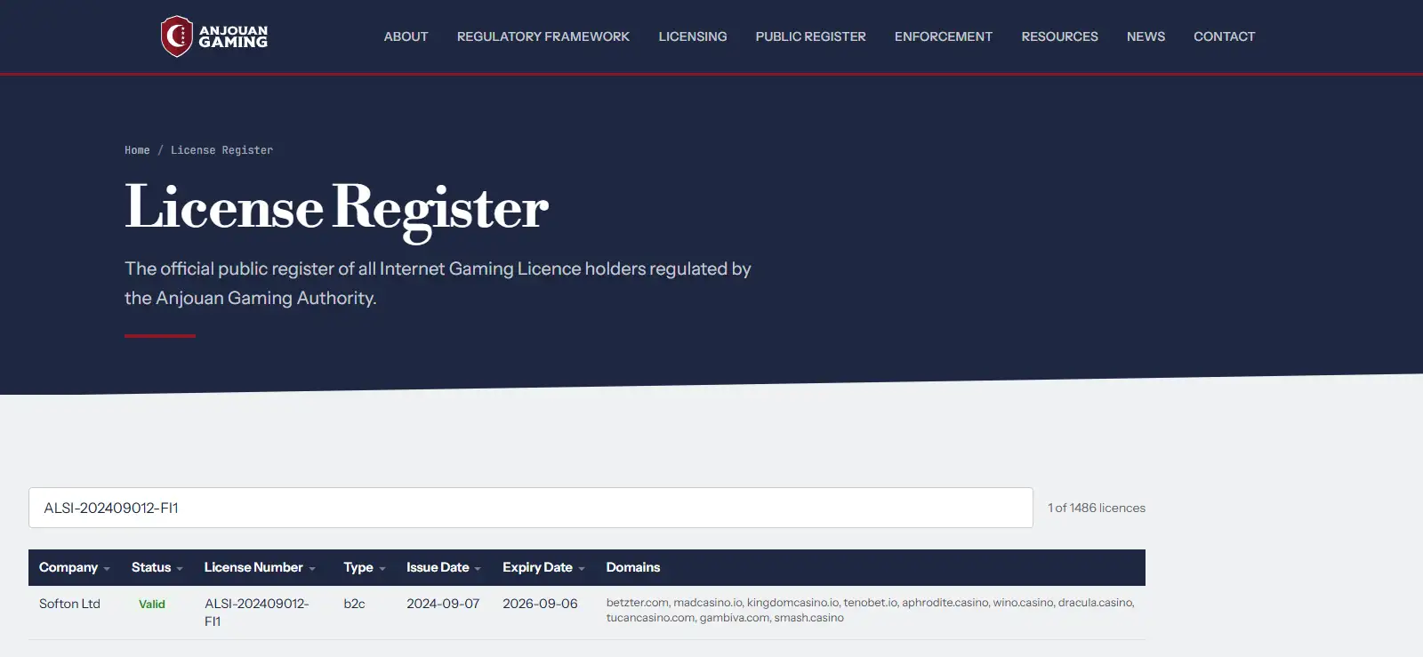 Anjouan Gaming public licence register entry for Softon Ltd