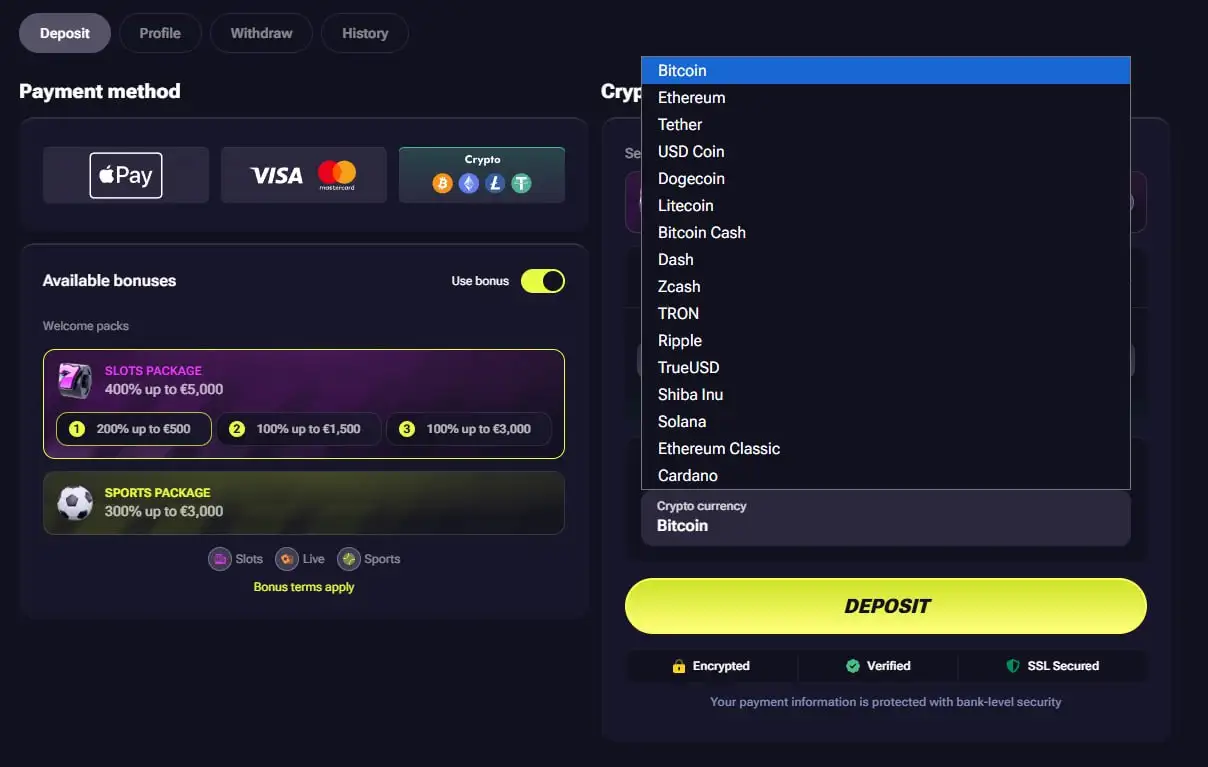 TenoBet cashier showing cryptocurrency deposit or withdrawal options