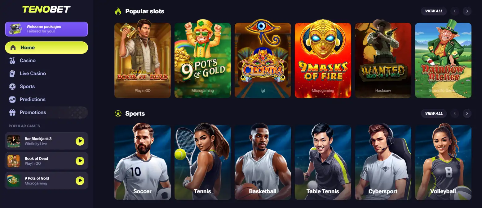 TenoBet homepage and lobby interface